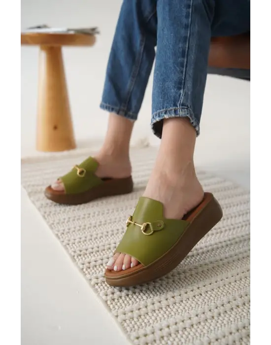 Nelly Haki Yeşili Hakiki Deri Terlik