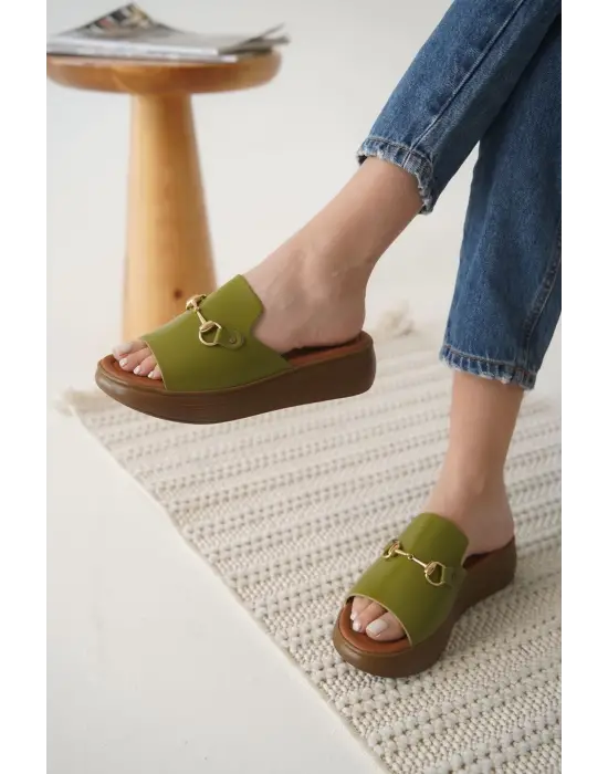 Nelly Haki Yeşili Hakiki Deri Terlik