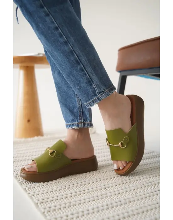 Nelly Haki Yeşili Hakiki Deri Terlik