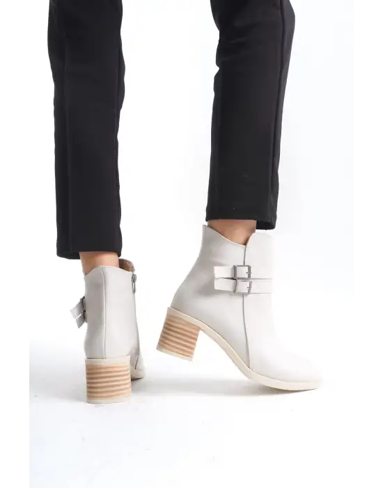 Noemı Tokalı Fermuarlı Ortopedik Taban Topuklukadın Bot  Kt - Krem