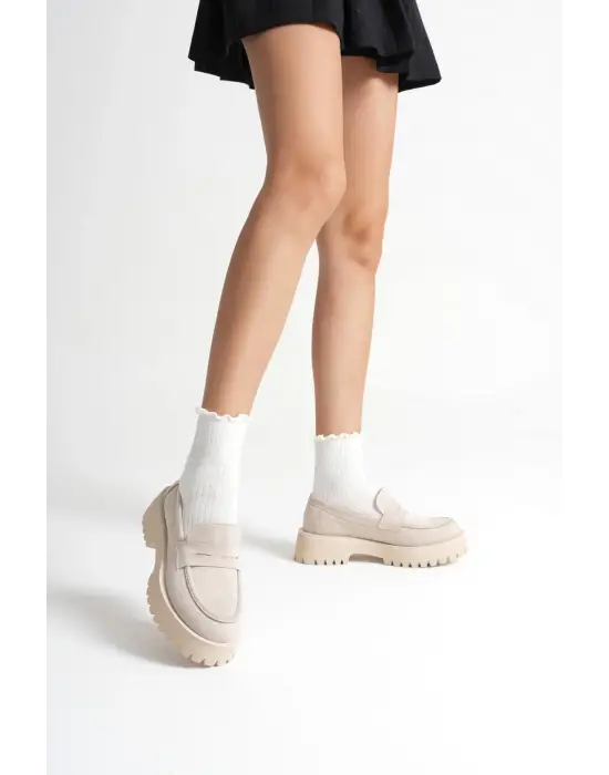 Noir Kadın Günlük Bej Süet Loafer Ayakkabı