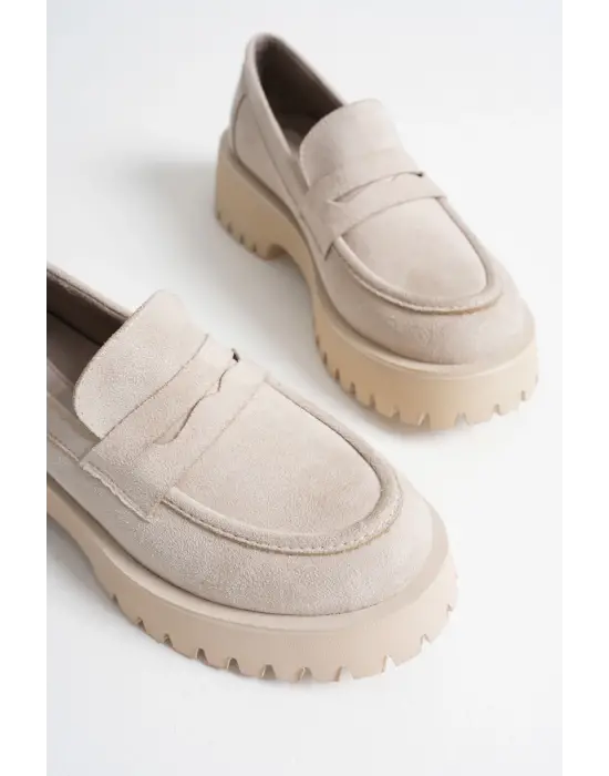 Noir Kadın Günlük Bej Süet Loafer Ayakkabı