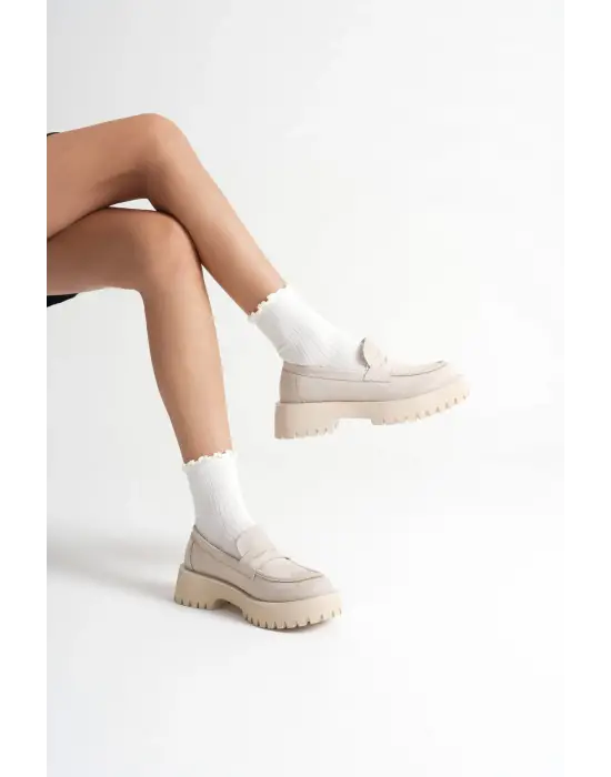 Noir Kadın Günlük Bej Süet Loafer Ayakkabı