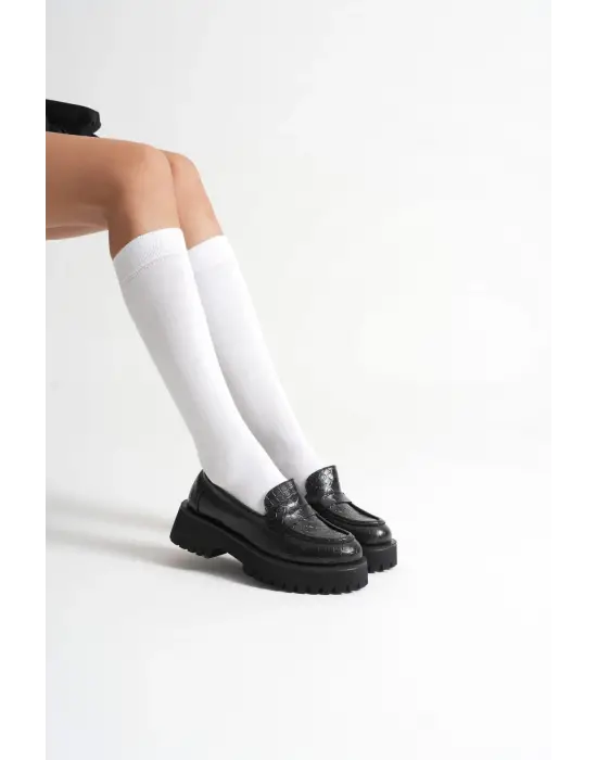 Noir Kadın Günlük Siyah Kroko Loafer Ayakkabı