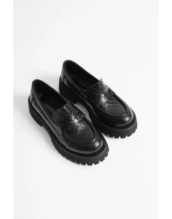 Noir Kadın Günlük Siyah Kroko Loafer Ayakkabı