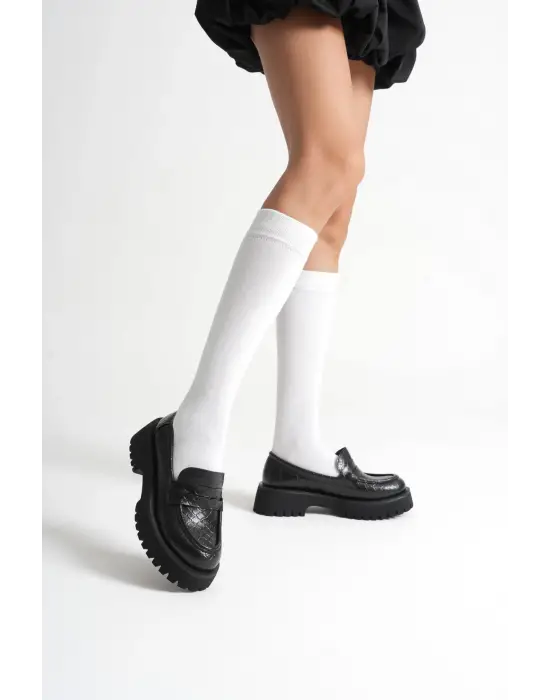Noir Kadın Günlük Siyah Kroko Loafer Ayakkabı