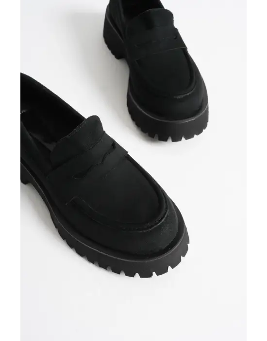 Noir Kadın Günlük Siyah Süet Loafer Ayakkabı
