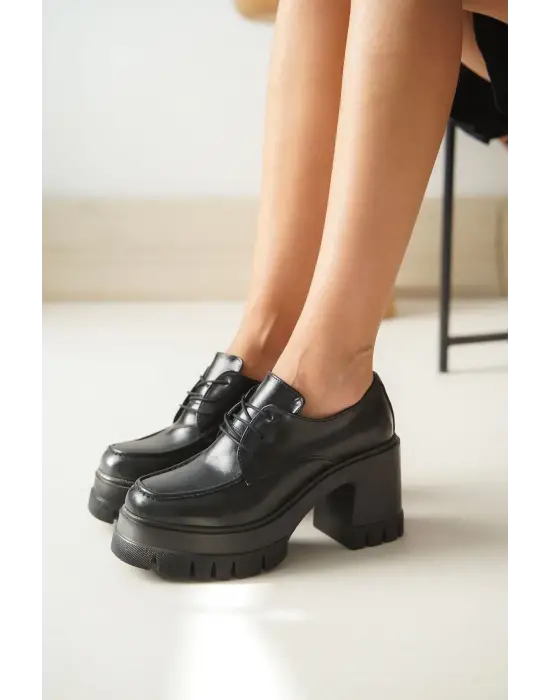 Siyah Günlük Yüksek Topuklu Platform Loafer Kadın Ayakkabı