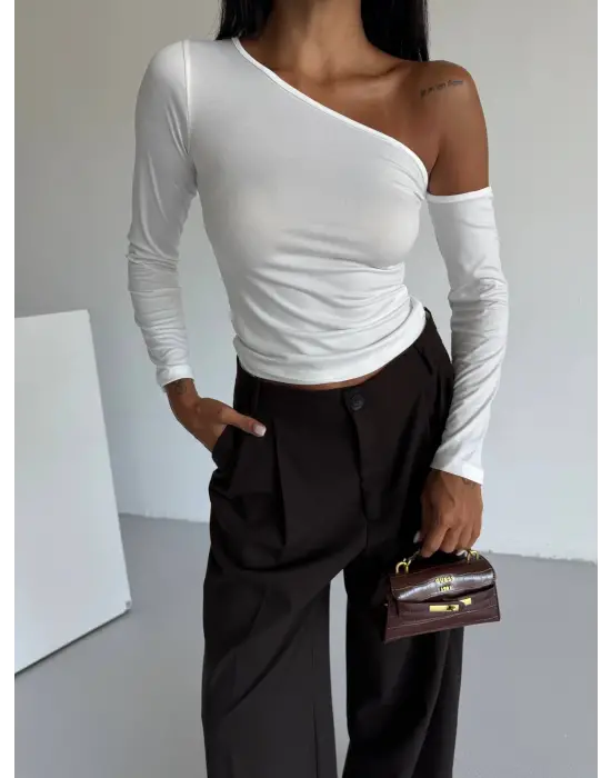 Omuz Detaylı Kollu Bluz Beyaz F2336