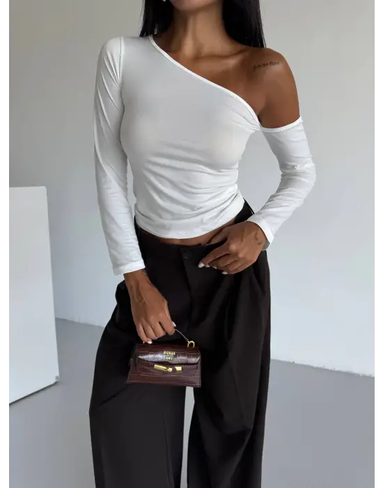 Omuz Detaylı Kollu Bluz Beyaz F2336