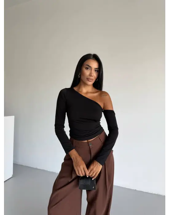 Omuz Detaylı Kollu Bluz Siyah F2336