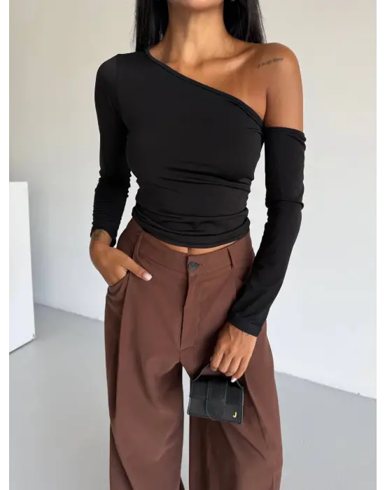Omuz Detaylı Kollu Bluz Siyah F2336
