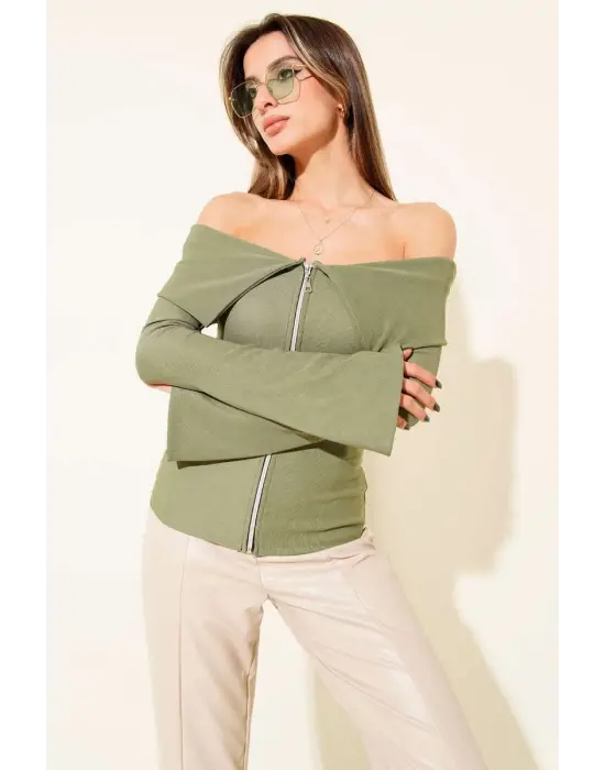 Omzu Açık Fermuarlı Bluz Haki T4330