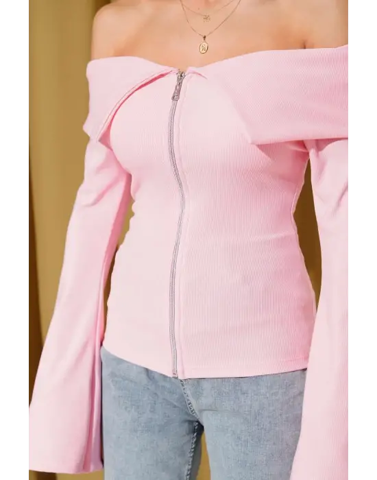 Omzu Açık Fermuarlı Bluz Pembe T4330
