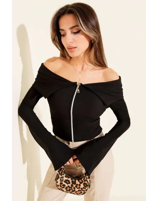 Omzu Açık Fermuarlı Bluz Siyah T4330