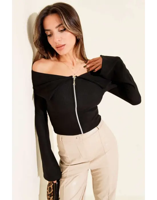 Omzu Açık Fermuarlı Bluz Siyah T4330