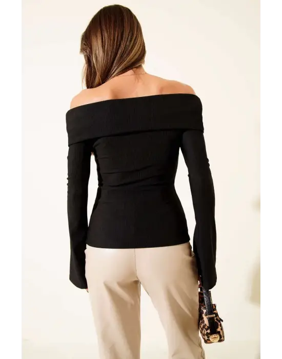 Omzu Açık Fermuarlı Bluz Siyah T4330