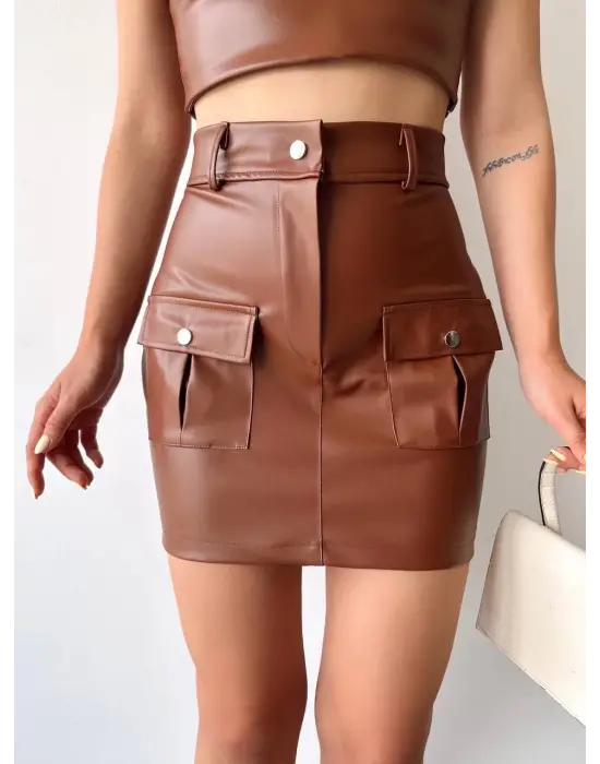 Önden İki Cepli Deri Etek Kahve H240040