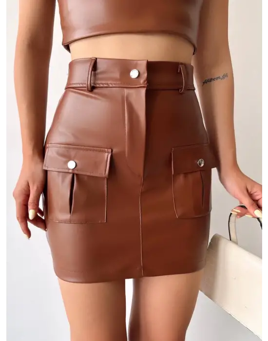Önden İki Cepli Deri Etek Kahve H240040
