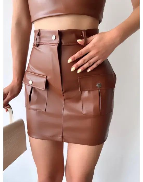 Önden İki Cepli Deri Etek Kahve H240040