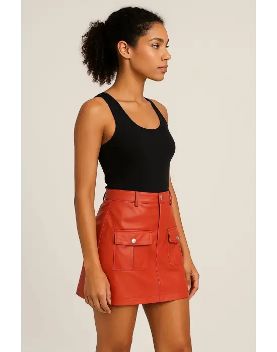 Önden İki Cepli Deri Etek Turuncu H240040