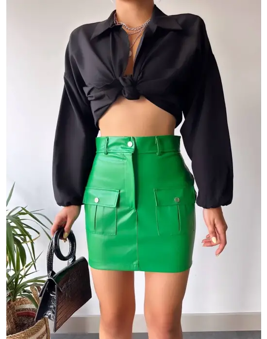 Önden İki Cepli Deri Etek Yeşil H240040
