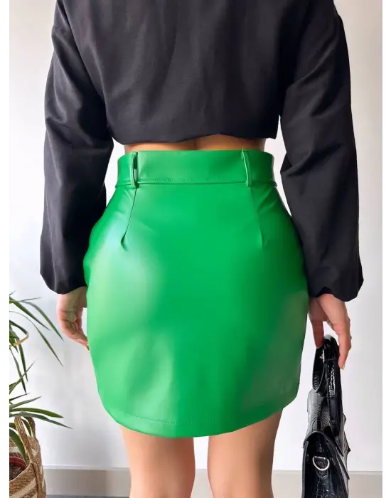 Önden İki Cepli Deri Etek Yeşil H240040