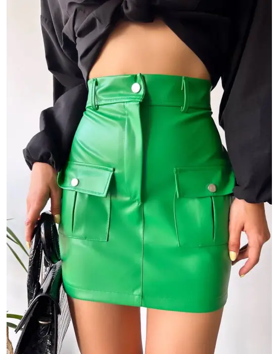 Önden İki Cepli Deri Etek Yeşil H240040