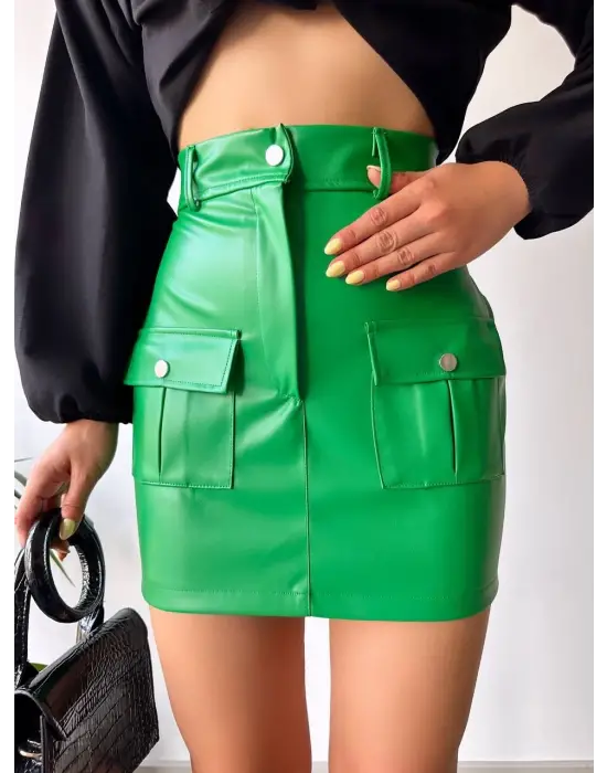 Önden İki Cepli Deri Etek Yeşil H240040