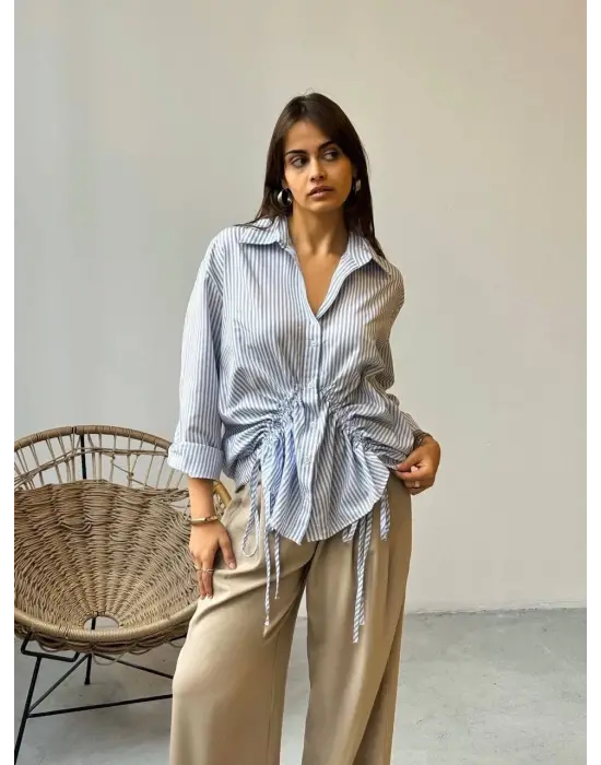 Önü Büzgü Detaylı Çizgili Gömlek