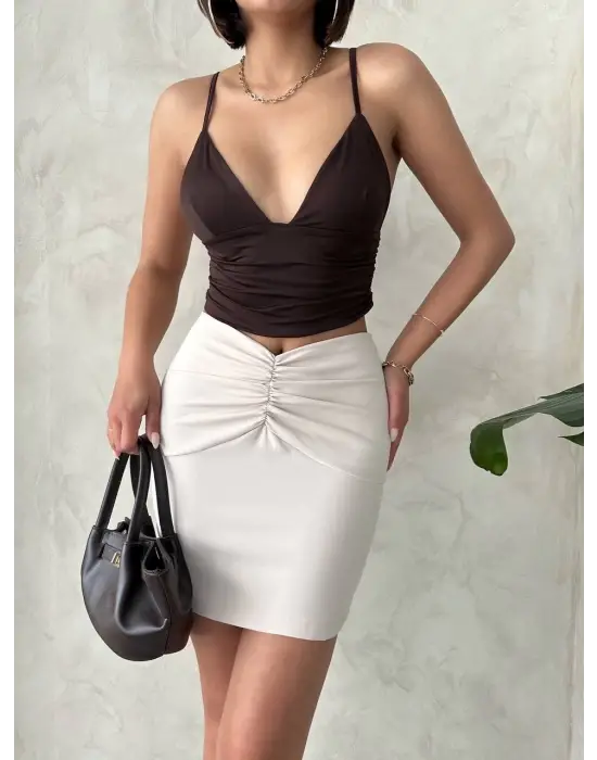 Önü Büzgülü Etek Bej S24222