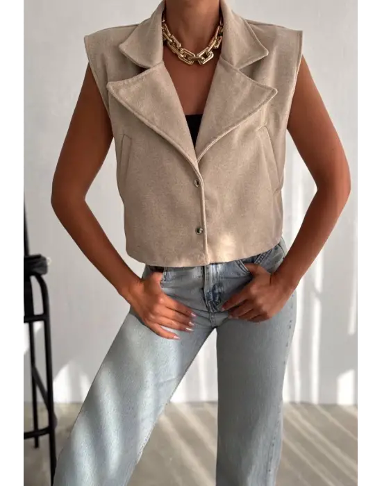 Önü Çıtçıtlı Cepli Kaşe Yelek Bej F2253