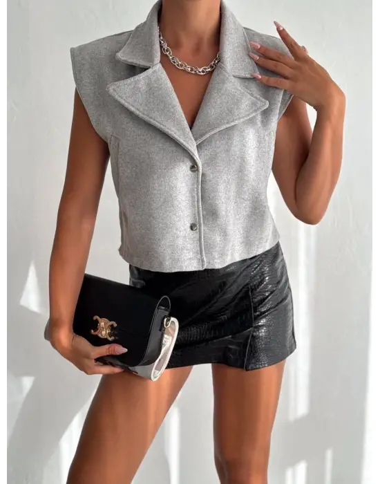 Önü Çıtçıtlı Cepli Kaşe Yelek Gri F2253