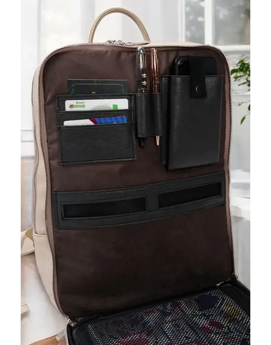 Organizer Premium Deri 16 inç Crazy Bej Sırt Laptop Çantası