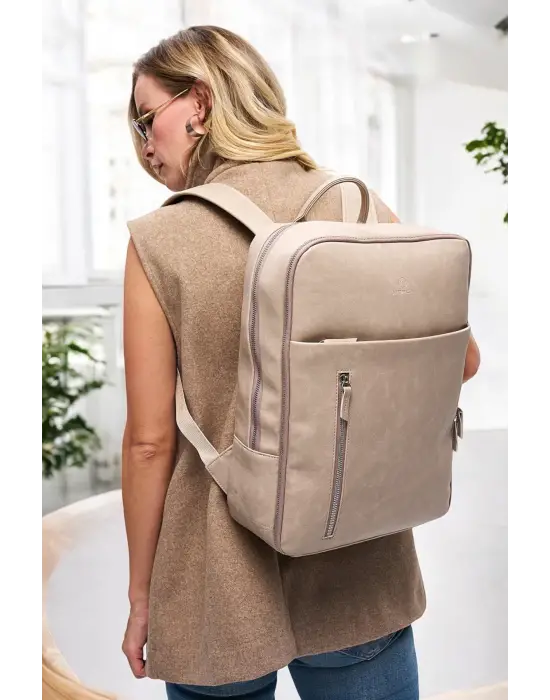 Organizer Premium Deri 16 inç Crazy Bej Sırt Laptop Çantası