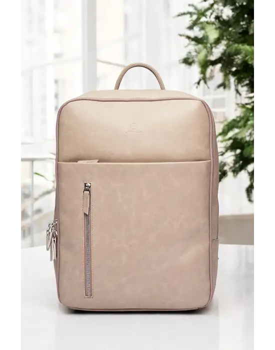 Organizer Premium Deri 16 inç Crazy Bej Sırt Laptop Çantası