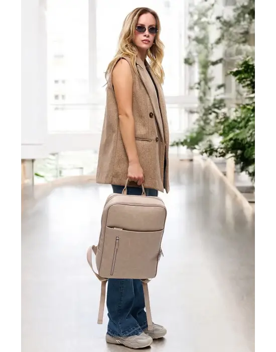 Organizer Premium Deri 16 inç Crazy Bej Sırt Laptop Çantası