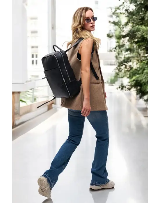 Organizer Premium Deri 16 inç Crazy Siyah Sırt Laptop Çantası