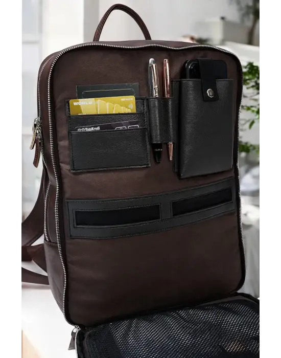 Organizer Premium Deri 16 inç Crazy Kahve Sırt Laptop Çantası