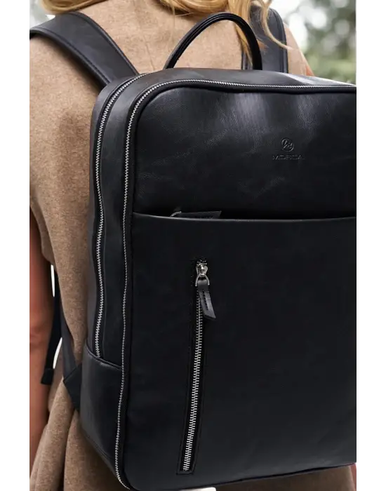 Organizer Premium Deri 16 inç Crazy Siyah Sırt Laptop Çantası