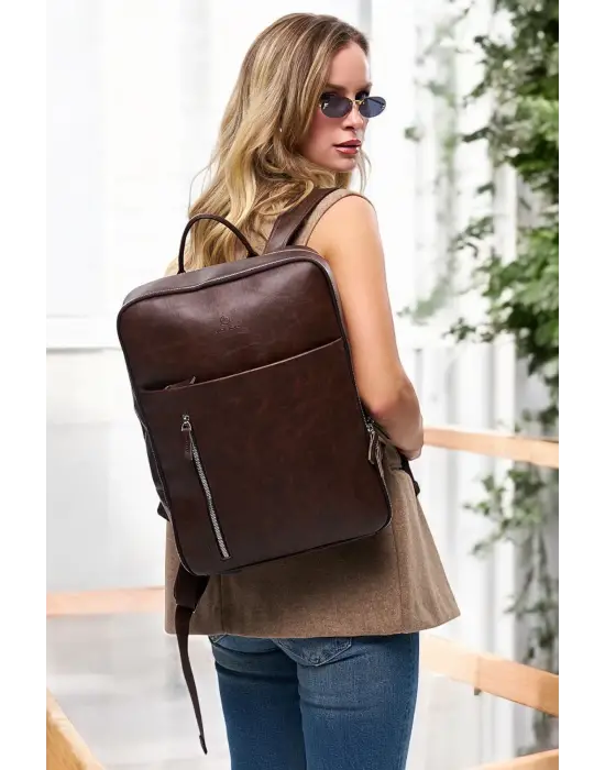 Organizer Premium Deri 16 inç Crazy Kahve Sırt Laptop Çantası