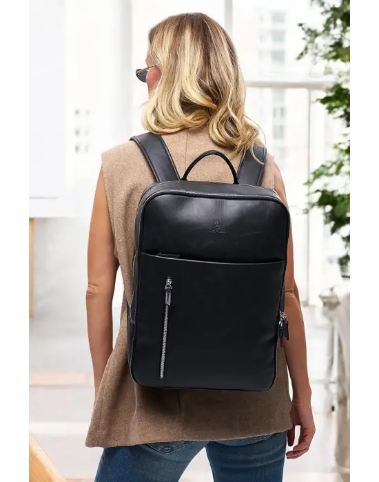 Organizer Premium Deri 16 inç Crazy Siyah Sırt Laptop Çantası