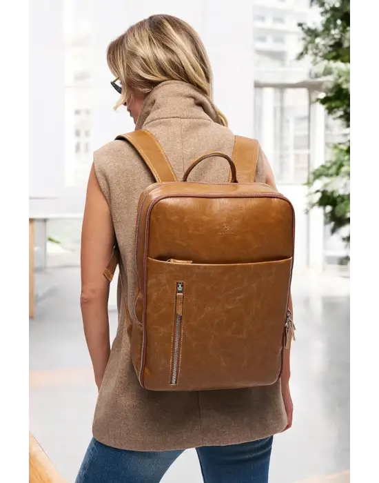 Organizer Premium Deri 16 inç Crazy Taba Sırt Laptop Çantası