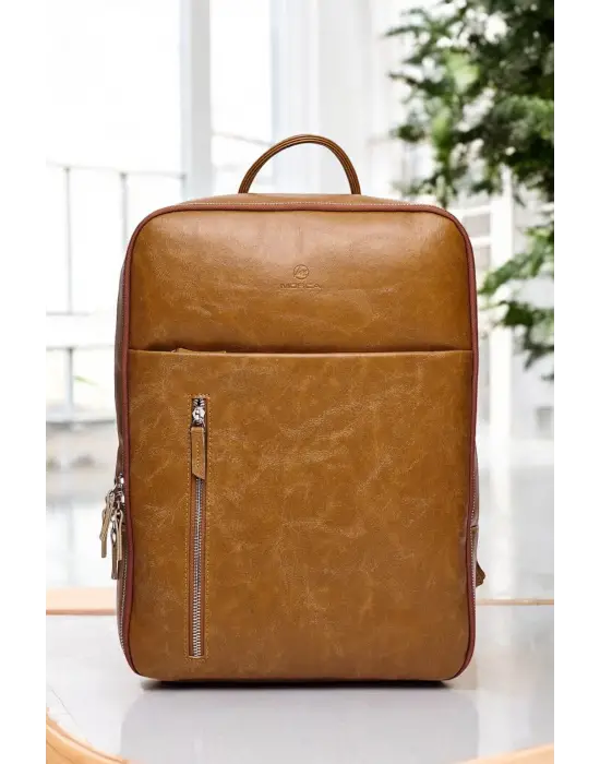 Organizer Premium Deri 16 inç Crazy Taba Sırt Laptop Çantası