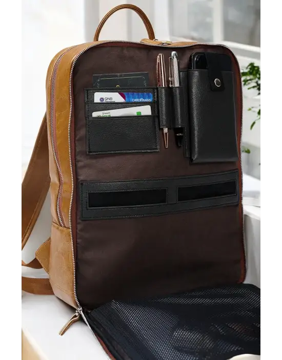 Organizer Premium Deri 16 inç Crazy Taba Sırt Laptop Çantası