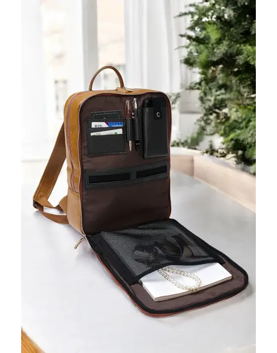 Organizer Premium Deri 16 inç Crazy Taba Sırt Laptop Çantası
