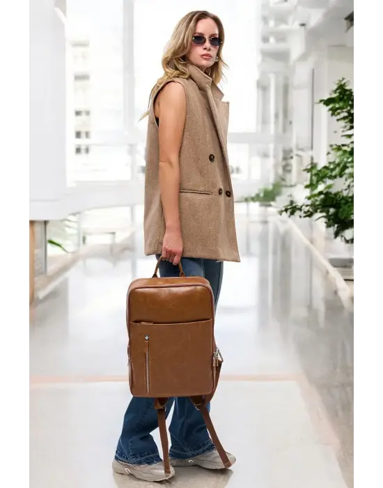 Organizer Premium Deri 16 inç Crazy Taba Sırt Laptop Çantası