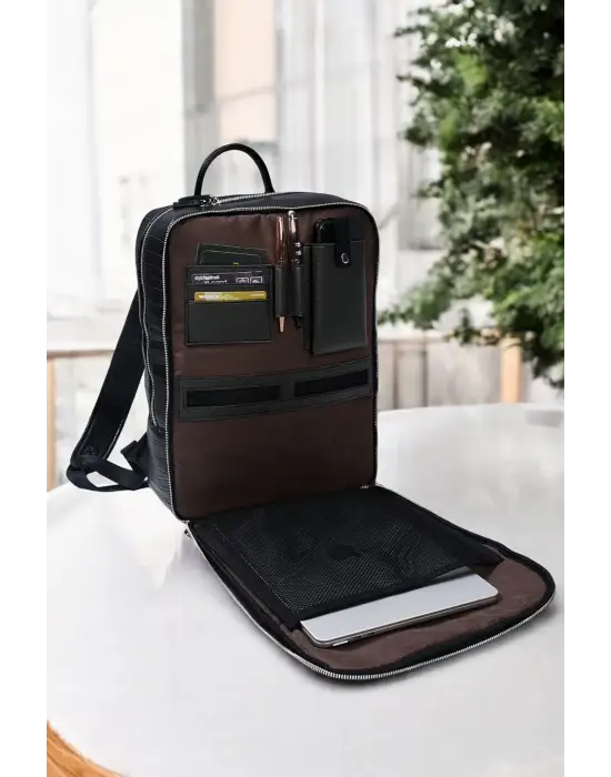 Organizer Premium Deri 16 inç Kroko Siyah Sırt Laptop Çantası