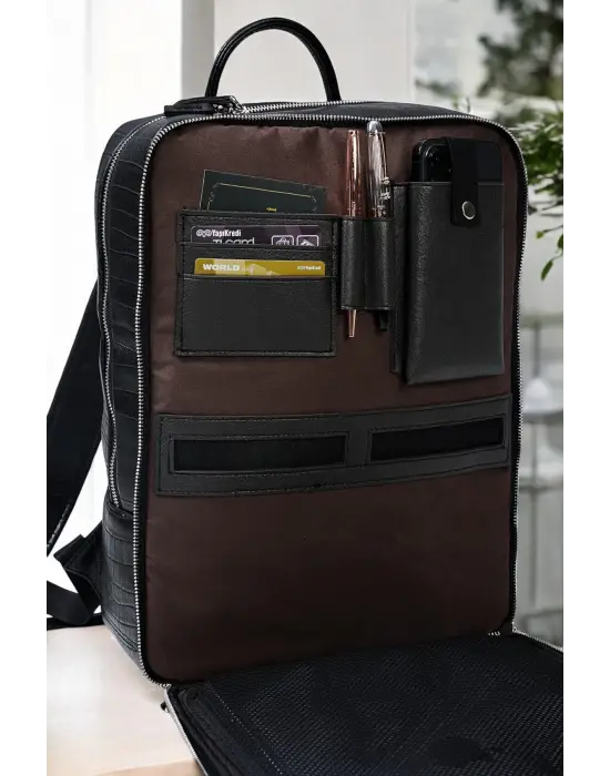 Organizer Premium Deri 16 inç Kroko Siyah Sırt Laptop Çantası