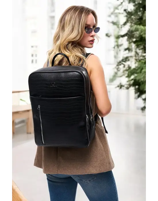 Organizer Premium Deri 16 inç Kroko Siyah Sırt Laptop Çantası